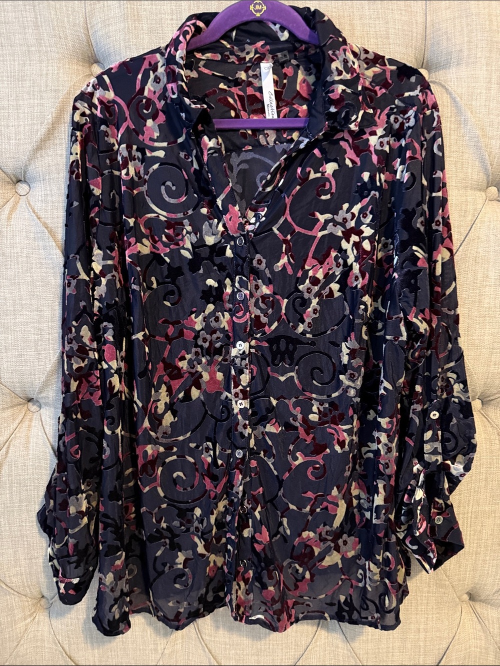 NY Collection Navy Button-Front Blouse with Pink & Cream Floral Swirl